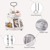 Farmhouse Two Tiered Wooden Tray Stand, UBTKEY 2 Tier Wood Round Decorative Tray with Metal Handle for Home Kitchen Seasonal Holiday Decorations, 17"x13" (Distressed White) UBTKEY