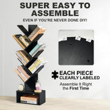 LUSHZLUMBERA 6 Tier Tree Bookshelf, Tall Narrow Wooden Bookcase with Drawer and Storage Cabinet, Freestanding Small Book Shelf Organizer for Bedroom, Living Room, Home Office, Black Display Shelf LUSHZLUMBERA