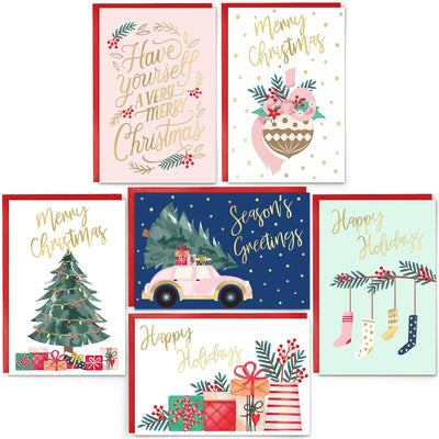 24 Pack Gold Foil Christmas Cards with Envelopes and Inside Messages 6 Assorted Designs Christmas Cards Bulk for Friends, Family, Kids, Boys, Girls.