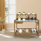 Ketive Garden Potting Bench with Metal Tabletop,Outdoor Potting Table Workstation Benches with Drawer/Storage Shelf，Fir Wood Potting Station Work Table with Open Shelf,Lattice Back(Grey) ketive