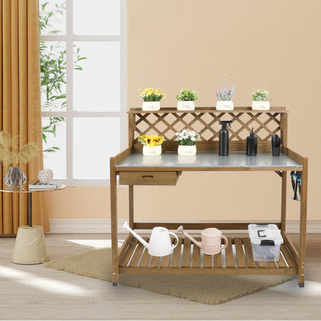 Ketive Garden Potting Bench with Metal Tabletop,Outdoor Potting Table Workstation Benches with Drawer/Storage Shelf，Fir Wood Potting Station Work Table with Open Shelf,Lattice Back(Grey) ketive