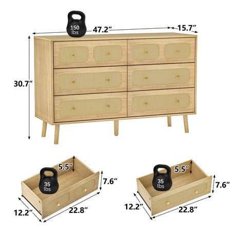 Wananlanen Rattan 6 Drawer Dresser for Bedroom, Wood Boho Double Chest of Drawers with Storage and Gold Handle, Modern Natural Rattan Dresser for Living Room, Kids Bedroom, Hallway, Entryway Wananlanen