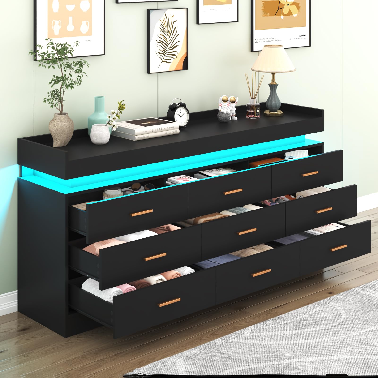 Hlivelood 9 Drawer Dresser with LED Light, Modern Chest of Drawers for Closet, Wide Drawer Organizer Cabinet for Bedroom, Living Room, Entryway, Hallway(9 Drawer Black) - WoodArtSupply