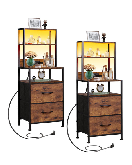 WLIVE Nightstand Set of 2 with Charging Station, LED Night Stand Sets with 2 Drawers and 4 Storage Open Shelves, Fabric Dressers for Bedroom, Rustic Brown WLIVE