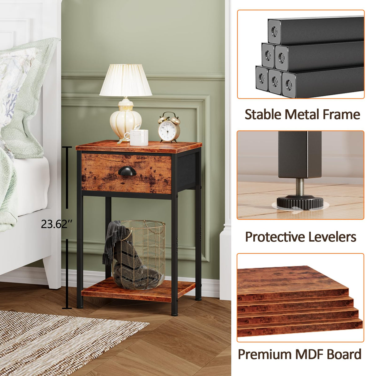 Furologee Nightstands Set of 2, Industrial End Table with Fabric Drawer and Storage Shelf, Retro Bedside Tables Organizer, Side Table for Living Room Bedroom, Rustic Brown Furologee