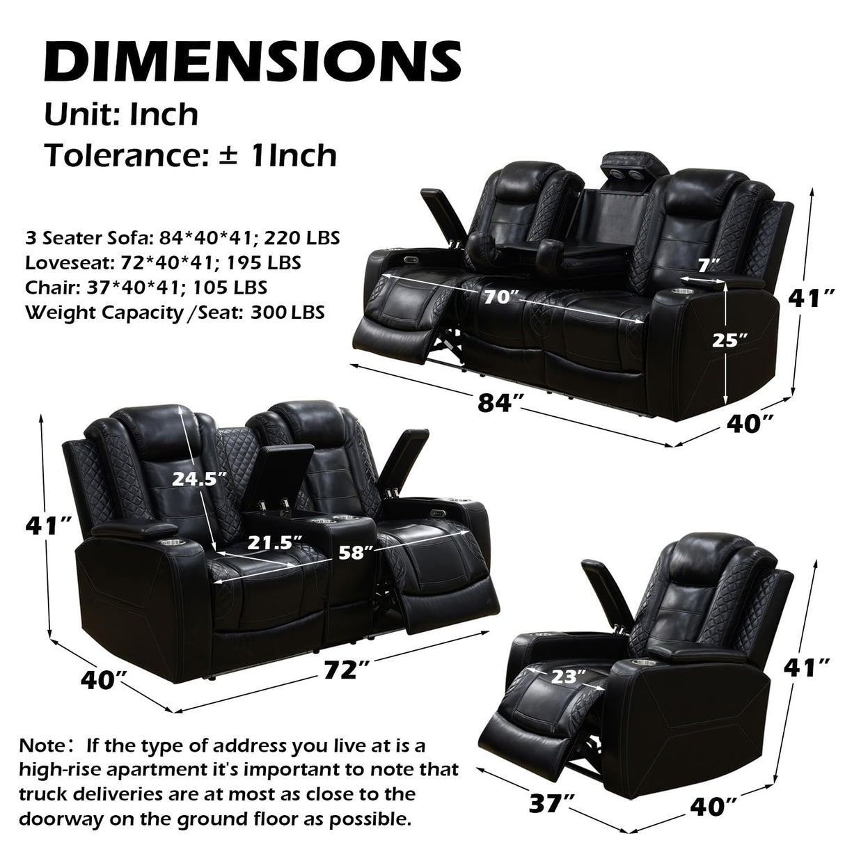 SIENWIEY Power Recliner Sofa Set with LED Lights for Living Room Furniture Set, Black Leather Reclining Couch Set, Recliner Couch with USB Port and Cup Holders,Sofa+Loveseat+Chair SIENWIEY