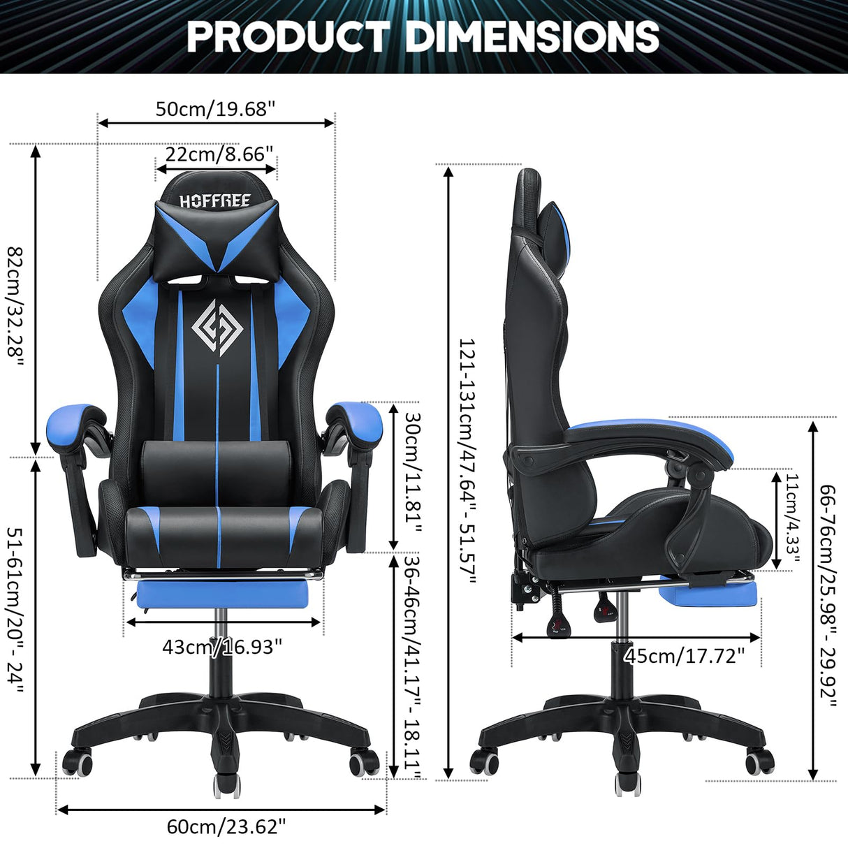 Gaming Chair Massage with LED Lights and Ergonomic Computer Gaming Chair with Footrest High Back Video Game Chairs with Adjustable Lumbar Support Blue and Black VANSPACE