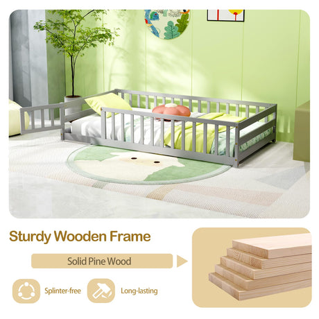 KOMFOTT Twin Size Wood Floor Bed with Door & Fence, Montessori Bed Frame with Full Length Safety Guardrails, Door & Latch, Wooden Montessori Floor Bed for Kids, Girls, Boys (Grey, Twin) KOMFOTT