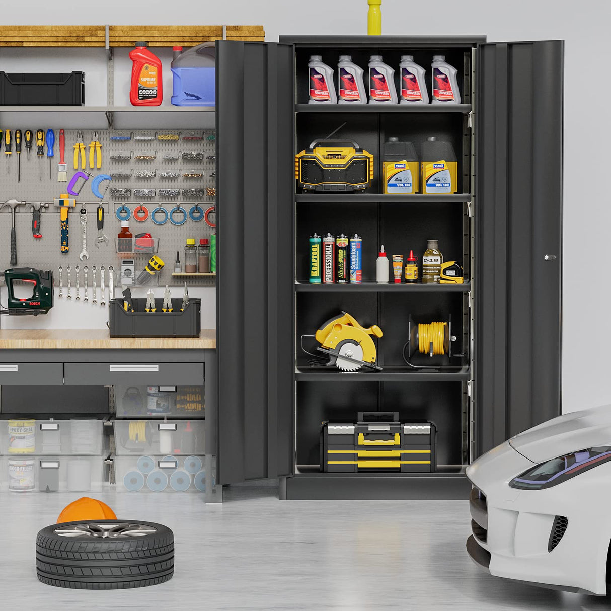 Furniwell Metal Storage Cabinet with 2 Doors & 4 Adjustable Shelves, Lockable Garage Storage Cabinet, Steel Utility File Cabinet for Home, Garage, Black, 71" H x 31.5" W x 15.7" D Furniwell