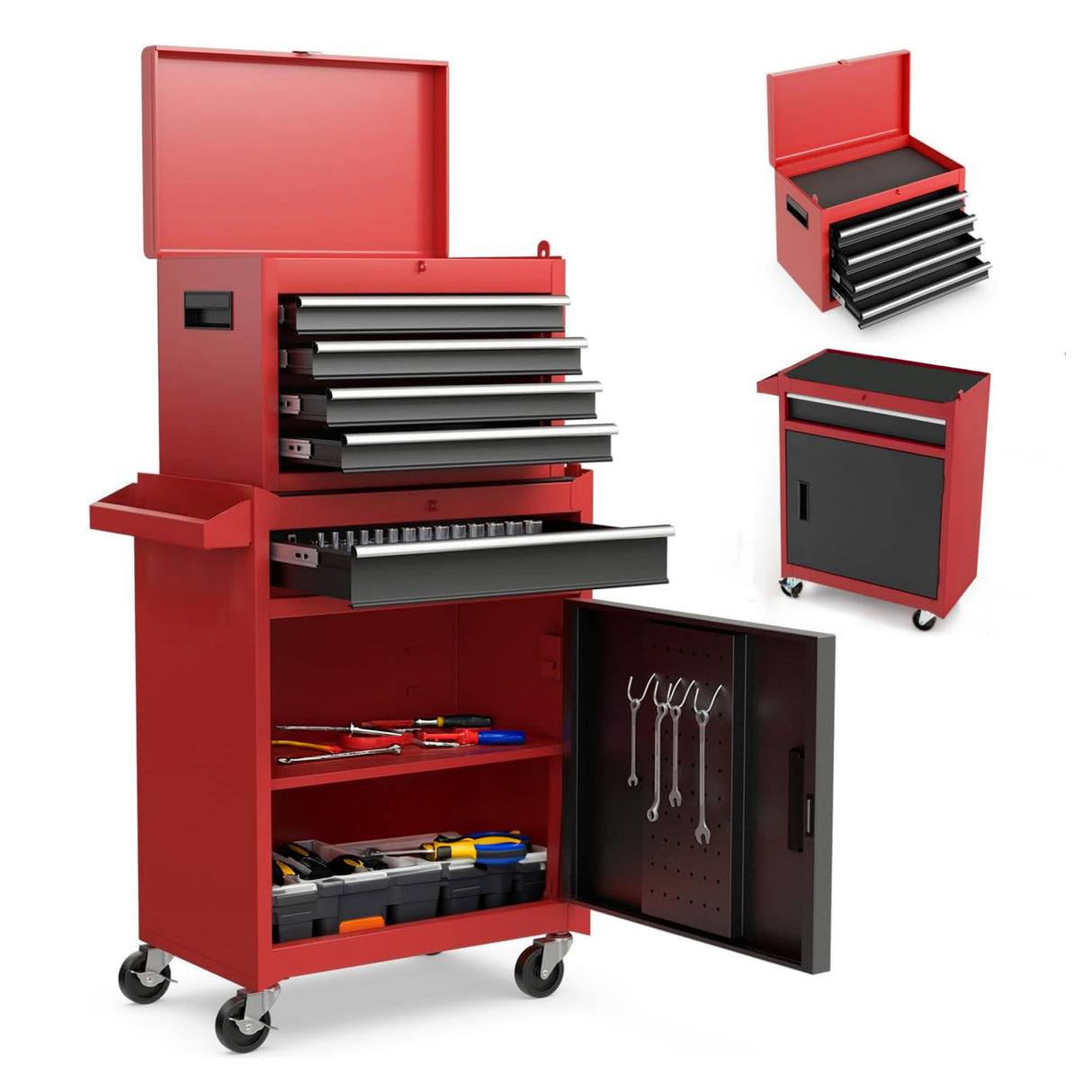 5-Drawers Large Tool Chest Tool Box Organizer with Lockable, 2-In-1 Detachable Tool Storage Cabinet with Wheels, Portable Expandable Tool Cart Toolbox with Drawers for Garage, Workstation, Workshop Flieghund
