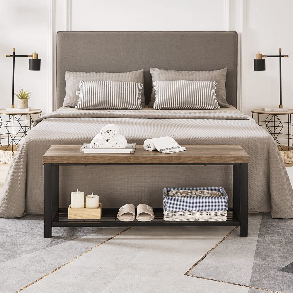 FOLUBAN Entryway Bench, Modern Shoe Storage Bench, Rustic Wood and Metal Entry Bench for Hallway Front Door Entrance, Industrial Indoor Bench for Bedroom Living Room, Oak, 43.3 Inch FOLUBAN