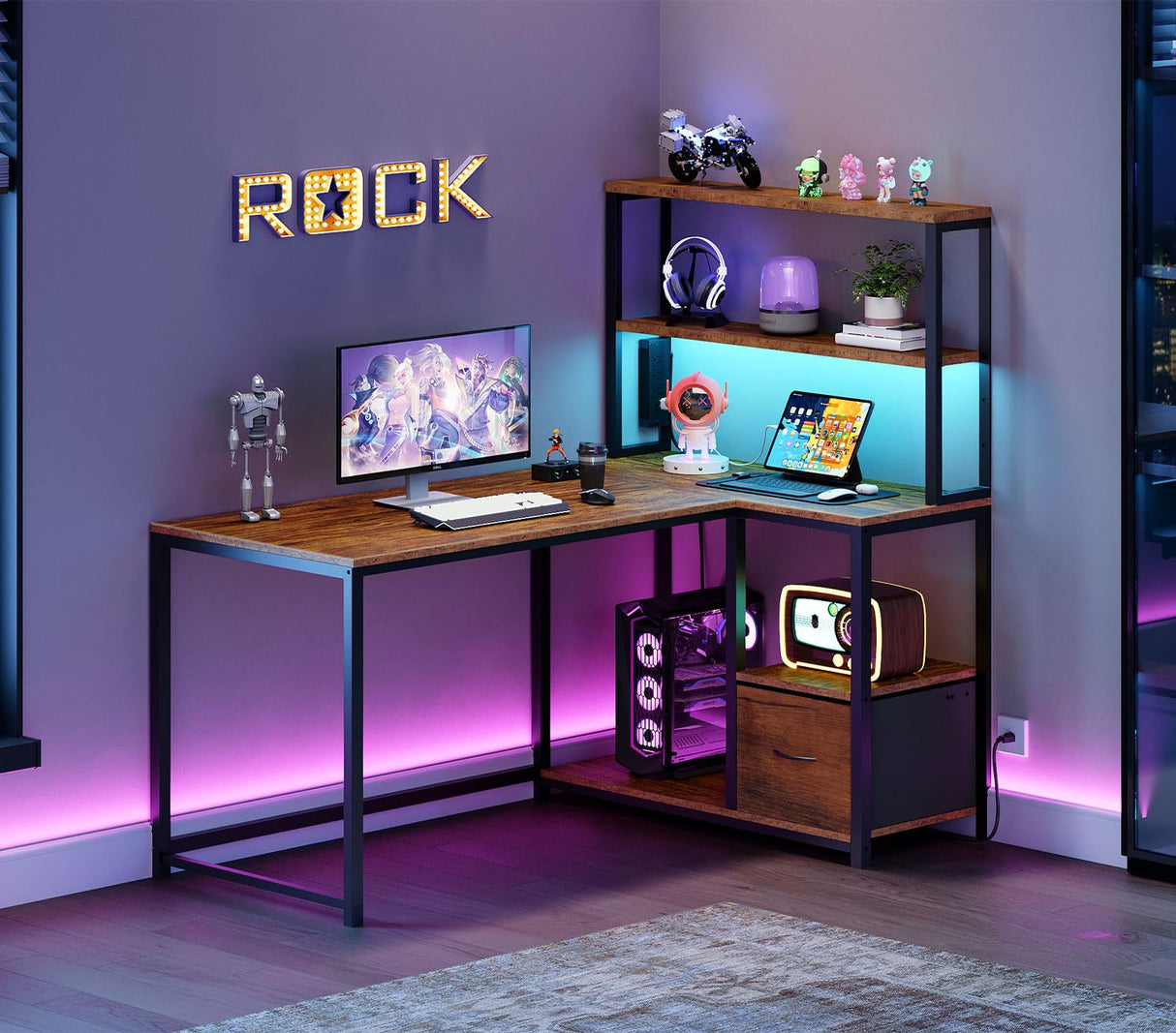 HOOBRO L Shaped Gaming Desk, Reversible Computer Desk with LED Light & Power Outlet, Corner Desk with Storage Shelves & Drawer, for Home Office, Study, Rustic Brown and Black BF18UDDN01 HOOBRO