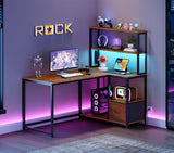 HOOBRO L Shaped Gaming Desk, Reversible Computer Desk with LED Light & Power Outlet, Corner Desk with Storage Shelves & Drawer, for Home Office, Study, Rustic Brown and Black BF18UDDN01 HOOBRO
