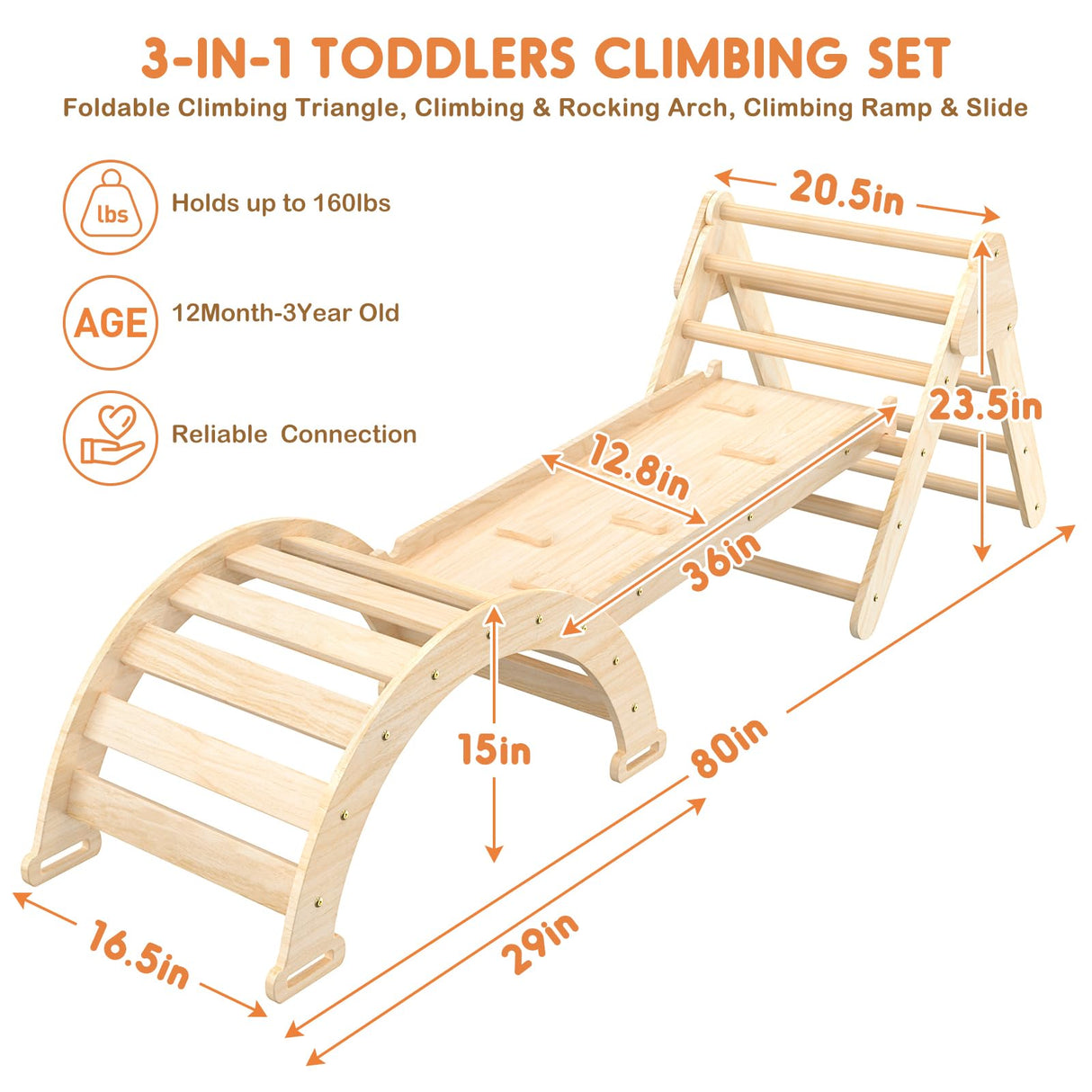 Pikler Triangle Set for Baby Climbing Toys 7 in 1 Foldable Wooden Montessori Climbing Set Indoor Playground for Kid with Arch-Ramp-Ladder Indoor Jungle Gyms for 1-3 Toddlers Fostoy