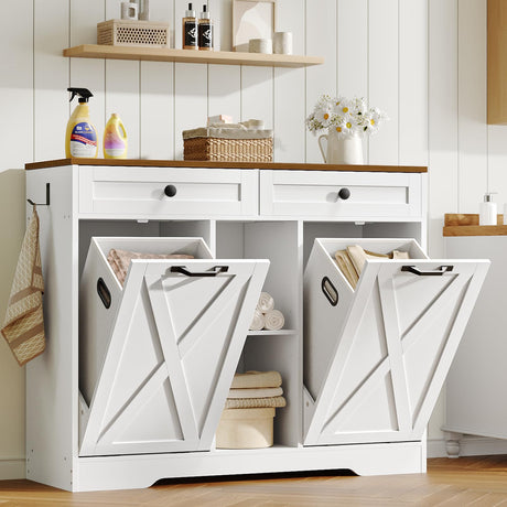 HOOBRO Double Tilt Out Laundry Hamper Cabinet, 41.7" Hidden Laundry Cabinet, with Open Shelving and 2 Removable Baskets, Farmhouse Laundry Storage Basket, for Bathroom, White and Walnut WH11XY01 HOOBRO