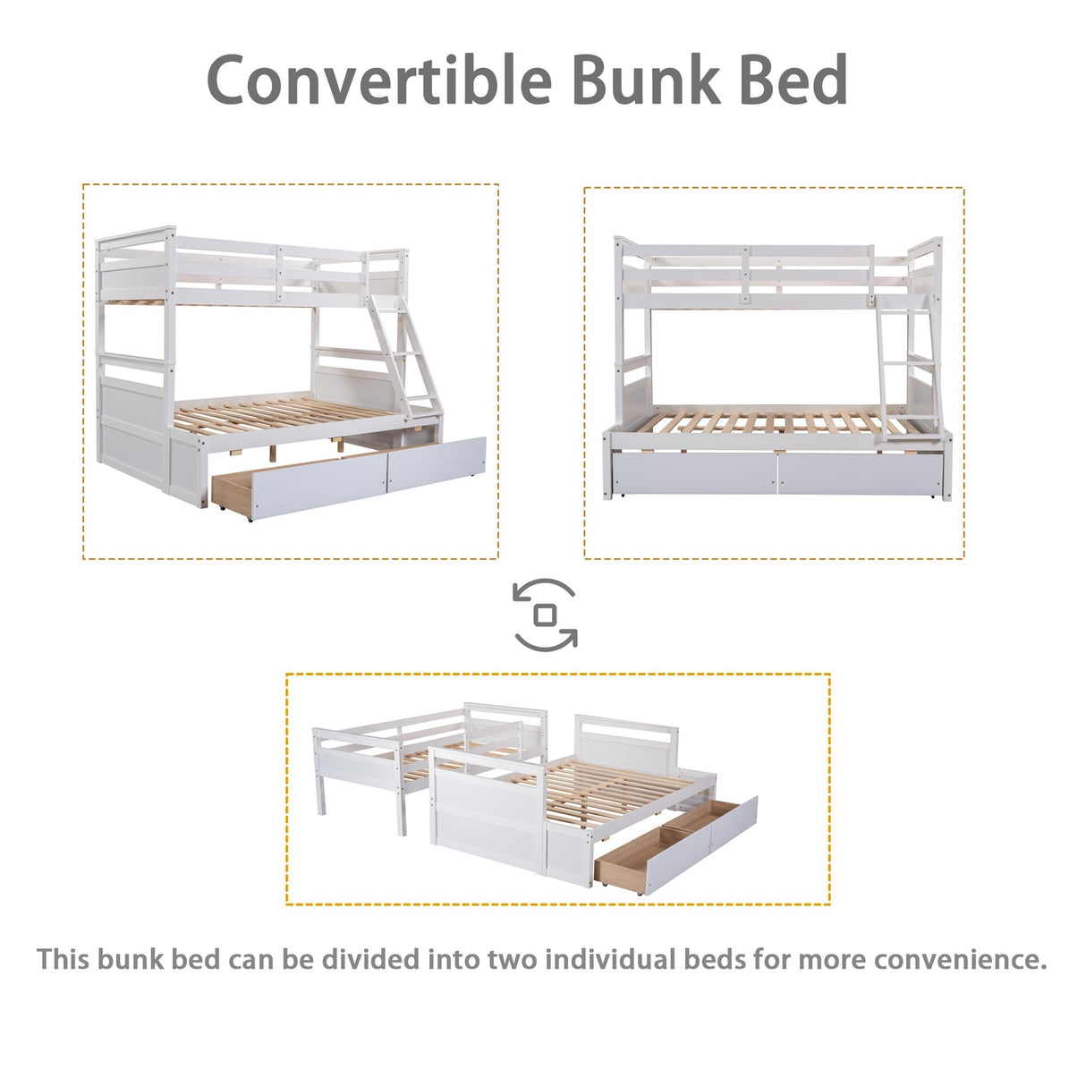 Merax Twin Over Full Bunk Bed, Wood Bunk Bed with Removable Ladders and Two Storage Drawers, Convertible into Two Individual Beds (White) Merax