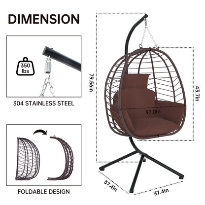 VARVIND Hanging Egg Chair with Stand Patio Hammock Swing Chair, Basket Wicker Rattan Adjustable Height UV Resistant Indoor Outdoor Use 350Lbs Brown - WoodArtSupply