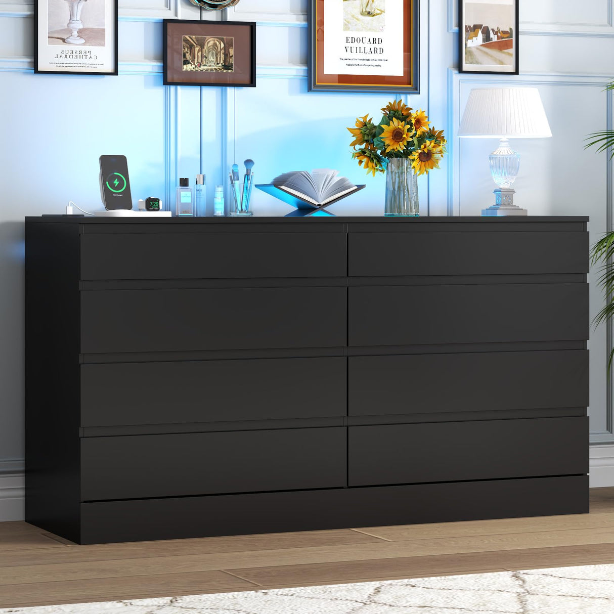 Gyfimoie 8 Drawer Dresser with Power Outlet, White Dresser for Bedroom Chest of Drawer with Glass Top & LED Light, Modern Double Wide Drawer Organizer Cabinet for Living Room (Black) Gyfimoie