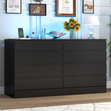 Gyfimoie 8 Drawer Dresser with Power Outlet, White Dresser for Bedroom Chest of Drawer with Glass Top & LED Light, Modern Double Wide Drawer Organizer Cabinet for Living Room (Black) Gyfimoie