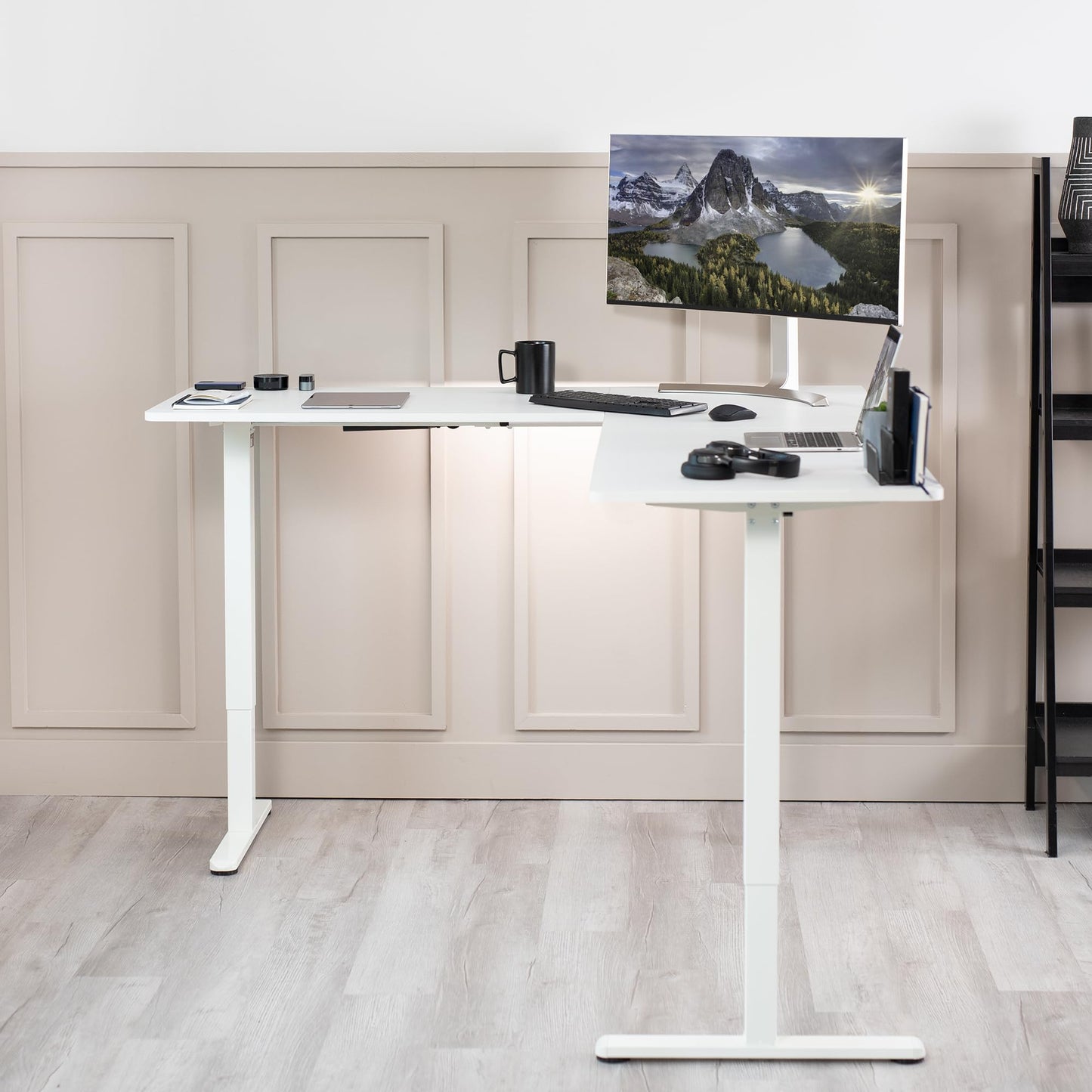 VIVO Electric Corner L-Shaped 75 x 63 inch Standing Desk, Height Adjustable, Memory Controller, White Top White Frame, DESK-E3CTW-75