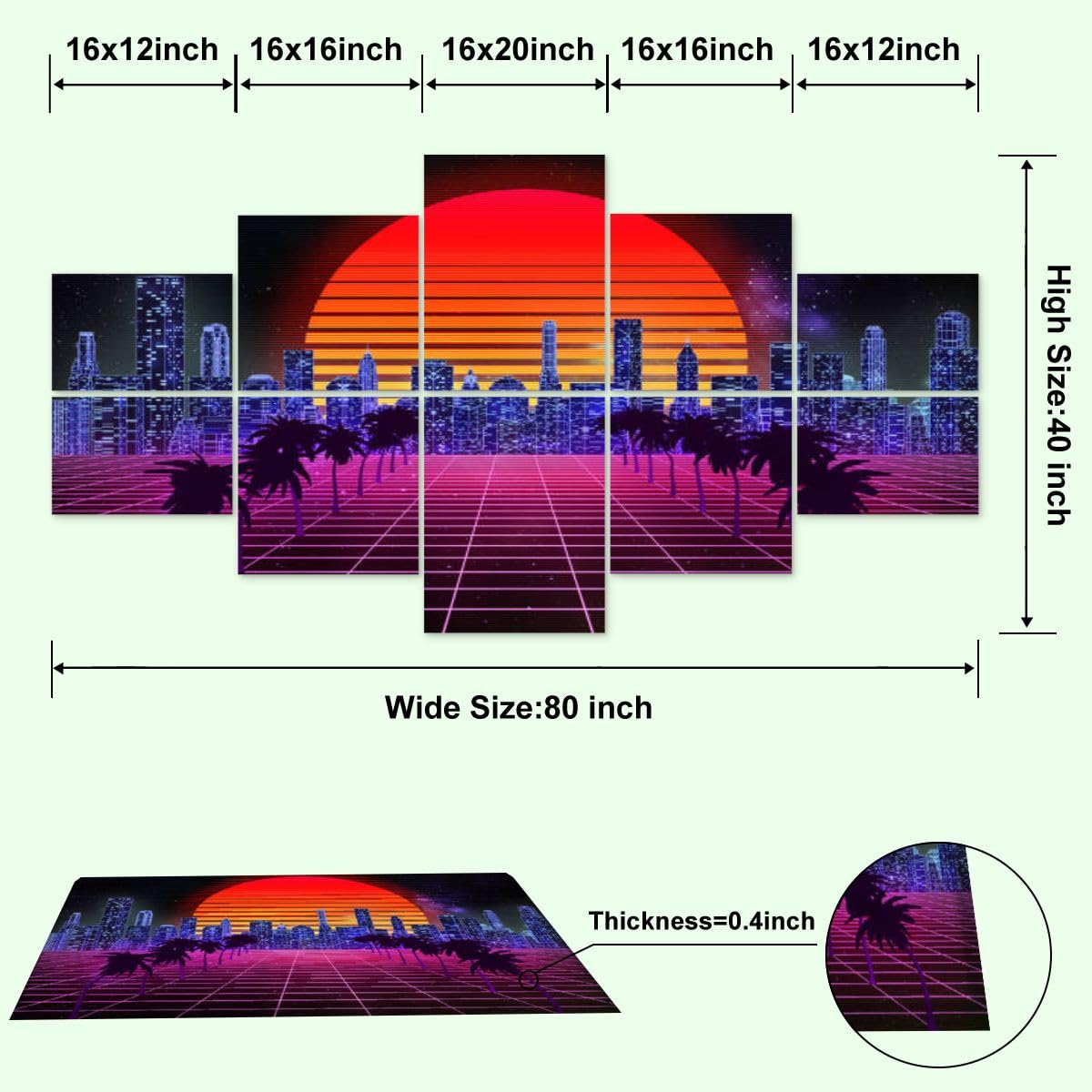 10 Pack Art Acoustic Panels Retro synthwave vaporwave skyline landscape at night sun Decorative Sound Absorbing Wall Panel Self-Adhesive Noise Canceling Soundproof Padding for Home 80" x 40" PZWKJOILPQ