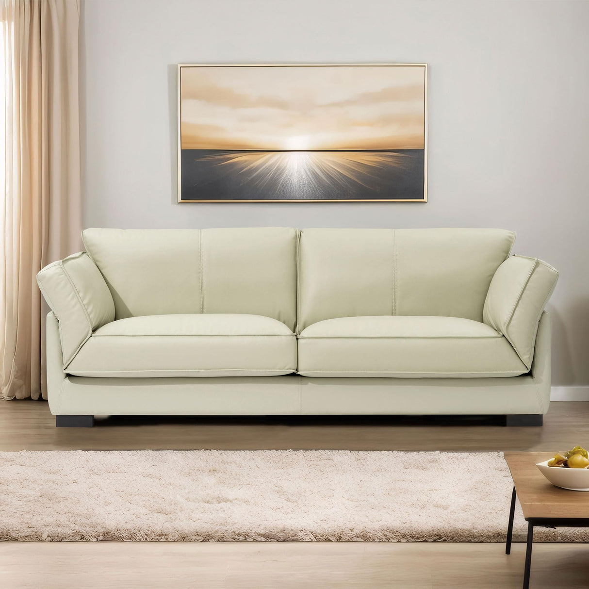 86.61-Inch Leather Sofa Couch, DREMODERN Mid-Century Modern Genuine Leather Couch with Extra Deep Seats for Living Room Apartment Office - Beige DREAMODERN