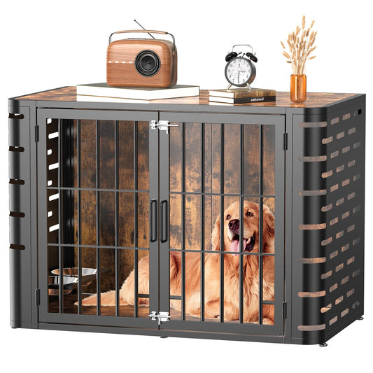 ANIERY Rustic Heavy Duty Dog Crate Furniture for Large and Medium Dogs, 39in Decorative Pet House End Table, Rounded-Corner Wooden Cage Kennel Furniture, Modern Dog Kennel Indoor for Dogs up to 60lb