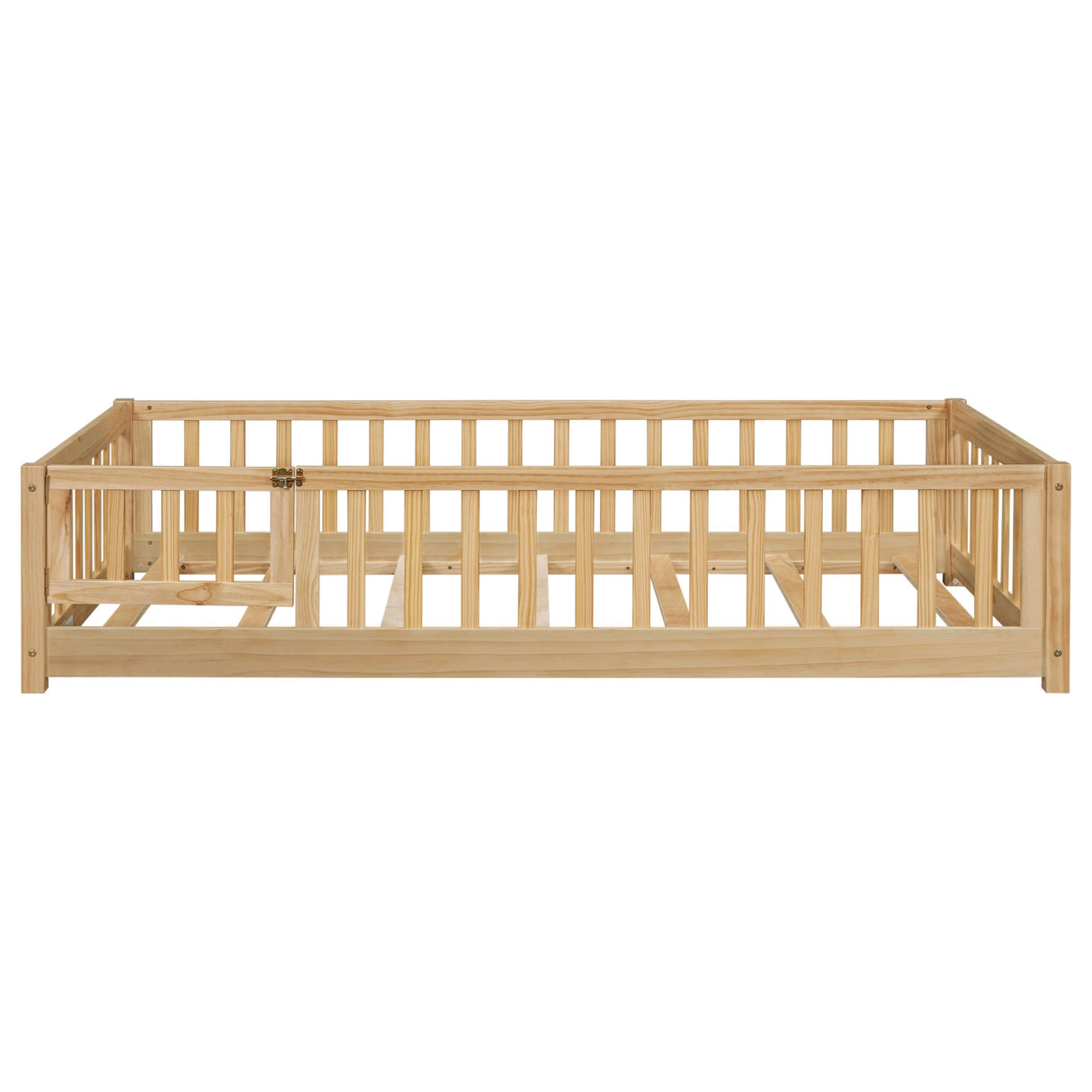 PVWIIK Montessori Twin Size Floor Bed Frame with Convertible Door,Wood Slats for Kids,Wood Montessori Bed w/Safety Guardrails for Girls & Boys,Natural PVWIIK