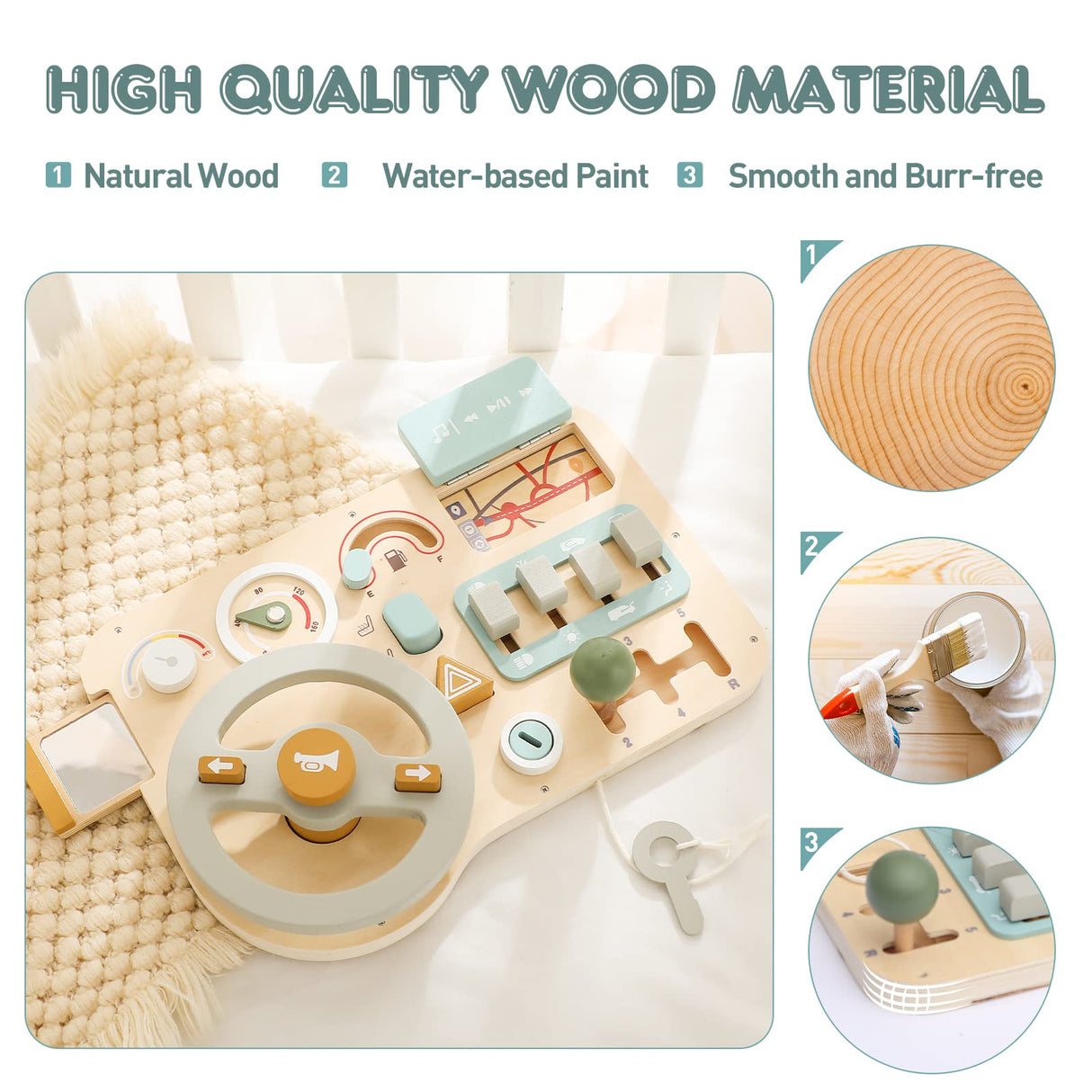 Busy Board - Montessori Toy Wooden Car Steering Wheel Busy Board Toddler Sensory Toys - Activity Board for Toddlers - Kids Educational Activities Promotes Fine Motor Basic Skills Toys - Kids Gifts Mamimami Home