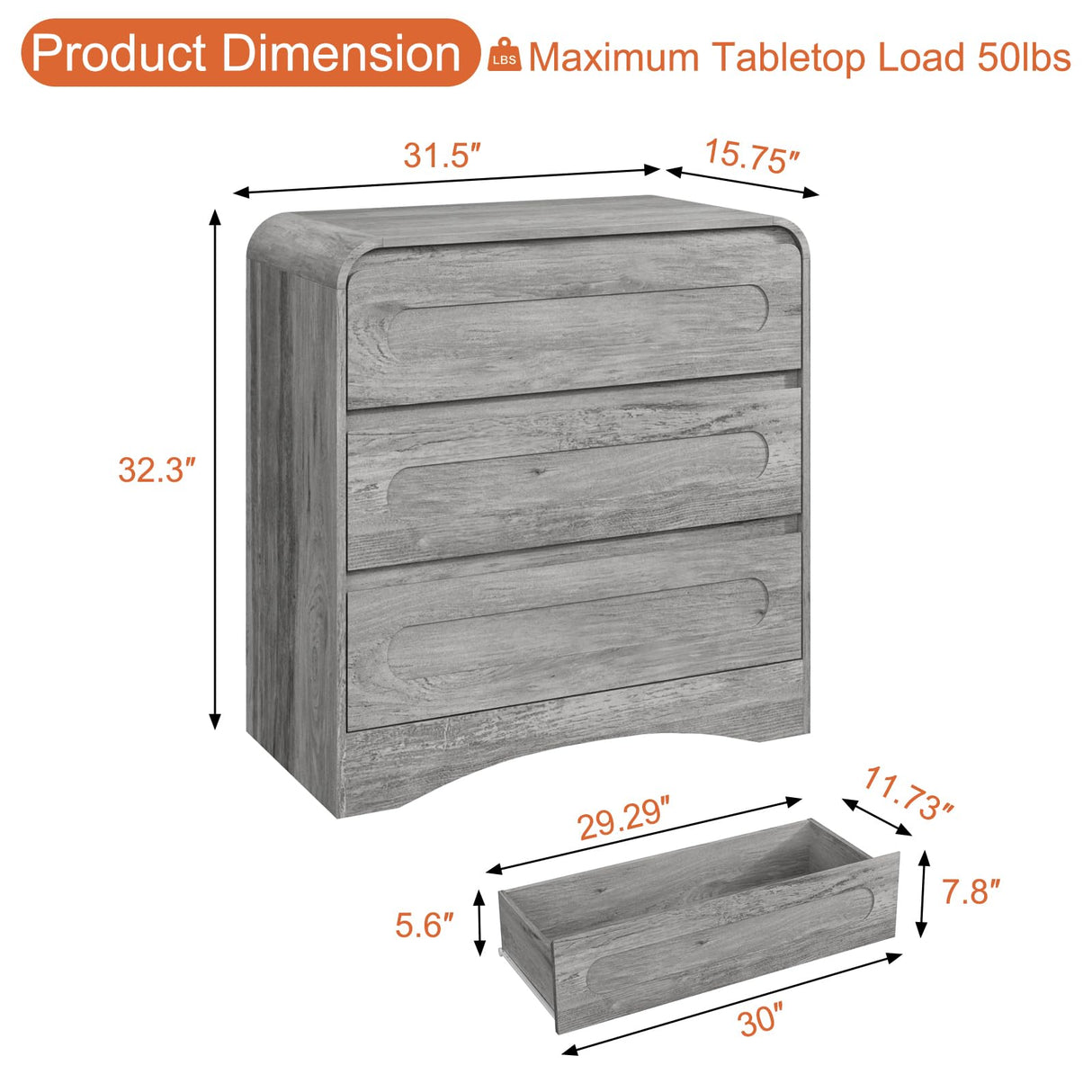 3 Drawer Dressers for Bedroom, 32" Wide Wood Storage Dresser & Chest of Drawers Organizer, Large Modern Dressers with 3 Drawer Storage Organizer for Bedroom Living Room Hallway Closet, Grey SOLACE FURNITURE