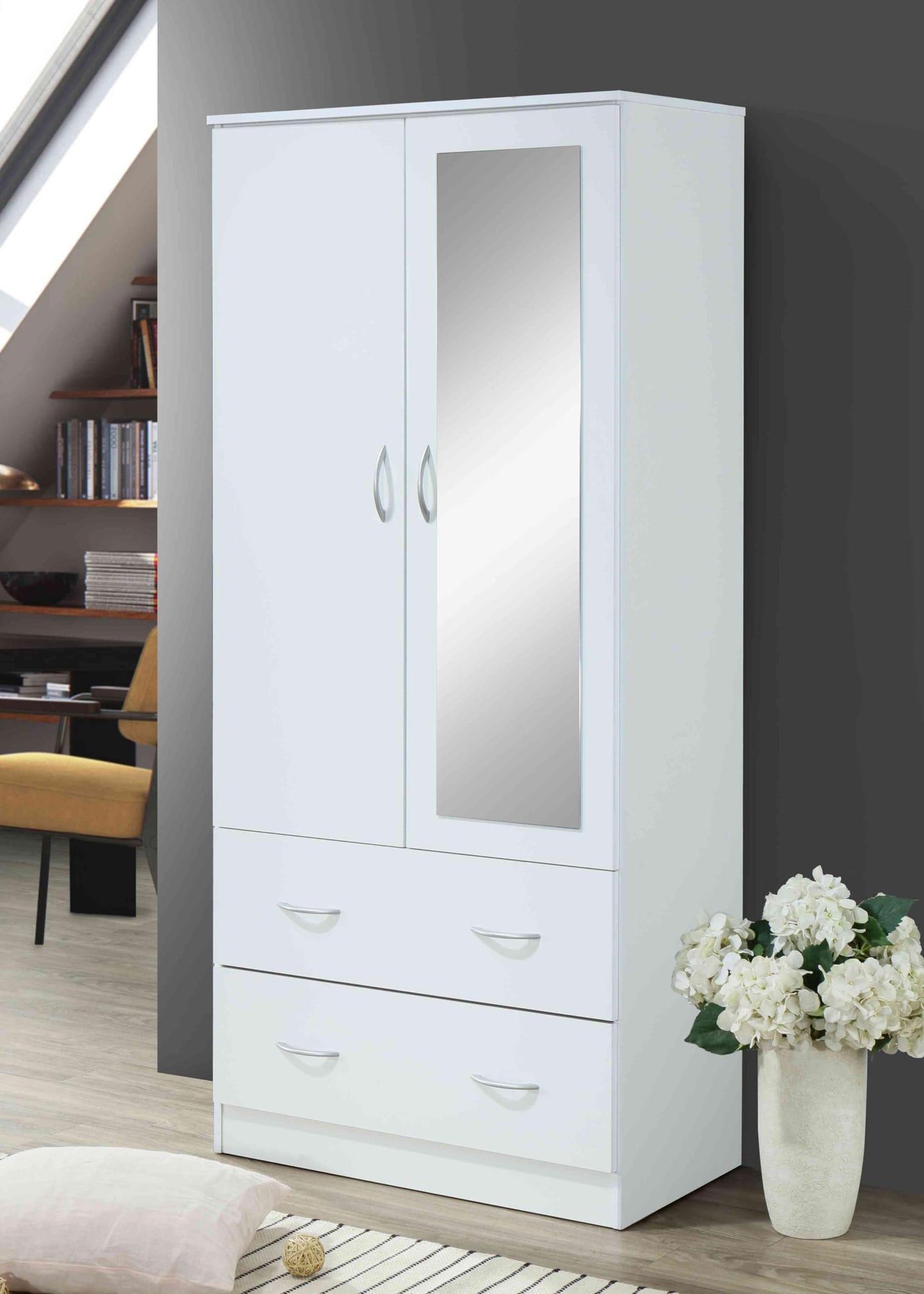 HODEDAH 2 Door Wood Wardrobe Bedroom Closet with Clothing Rod inside Cabinet, 2 Drawers for Storage and Mirror, White