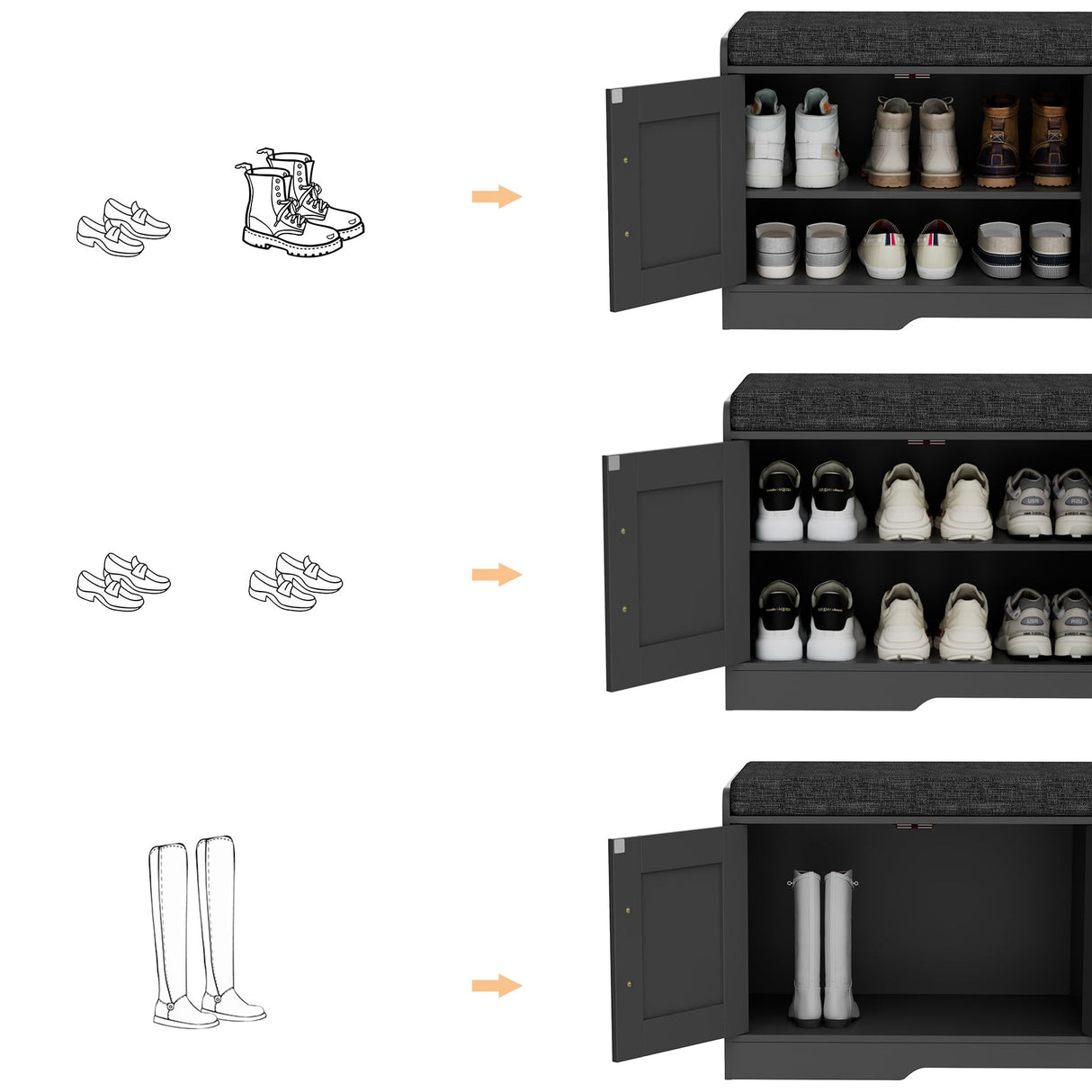 Homleke 2-Tier Storage Bench, Shoe Bench with Thickened Padded Seat Cushion, Entryway Bench with 4 Doors, Adjustable Shelf, 13.8" D x 45.3" W x 18.5" H, for Entryway, Living Room, Bedroom, Black Homleke