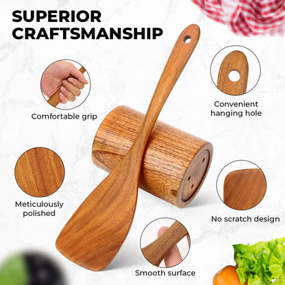 Wooden Spoons for Cooking, Teak Wooden Utensil Set, Handmade Cooking Utensil Set with Spoon Rest and Utensils Holder (9Pcs)