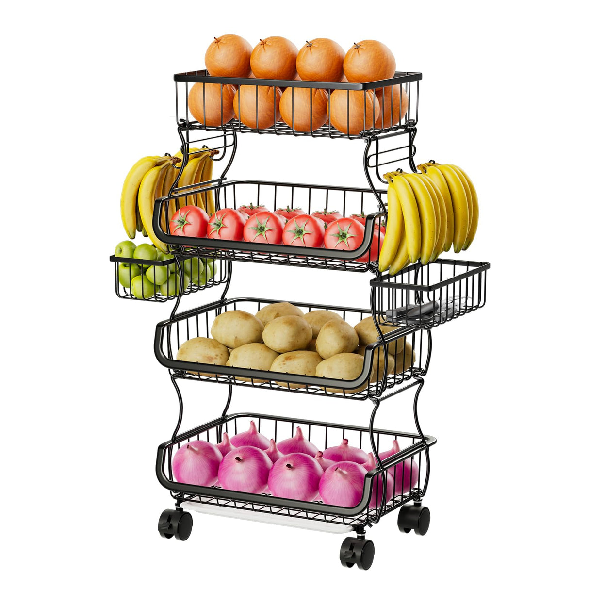 Simple Trending 4 Tier Rolling Cart, Stackable Fruit Vegetable Basket with Wheels and 2 Hanging Basket, Kitchen Storage Metal Wire Basket Stand for Vegetable Bread Snacks, Black Simple Trending