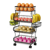 Simple Trending 4 Tier Rolling Cart, Stackable Fruit Vegetable Basket with Wheels and 2 Hanging Basket, Kitchen Storage Metal Wire Basket Stand for Vegetable Bread Snacks, Black Simple Trending
