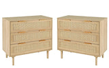 HOPUBUY 3 Drawer Dresser Set of 2 for Bedroom, Oak Rattan Dresser Closet Dressers Chest of Drawers, Light Wood Dresser 3 Drawer Storage Chest for HOPUBUY
