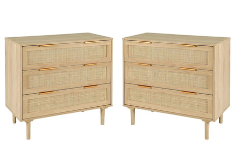 HOPUBUY 3 Drawer Dresser Set of 2 for Bedroom, Oak Rattan Dresser Closet Dressers Chest of Drawers, Light Wood Dresser 3 Drawer Storage Chest for HOPUBUY