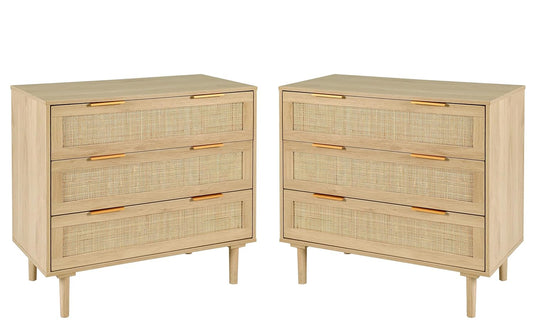 HOPUBUY 3 Drawer Dresser Set of 2 for Bedroom, Oak Rattan Dresser Closet Dressers Chest of Drawers, Light Wood Dresser 3 Drawer Storage Chest for - WoodArtSupply