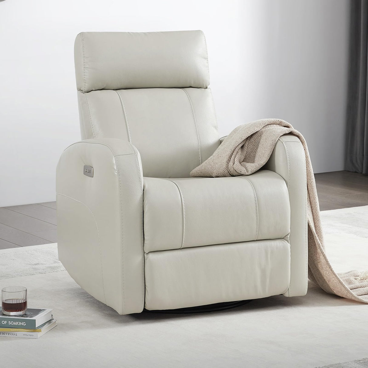 CHITA Genuine Leather Power Swivel Glider Recliner Chair for Adults, FSC Certified Electric Nursery Rocker Recliner Chair for Living Room, Light Grey CHITA