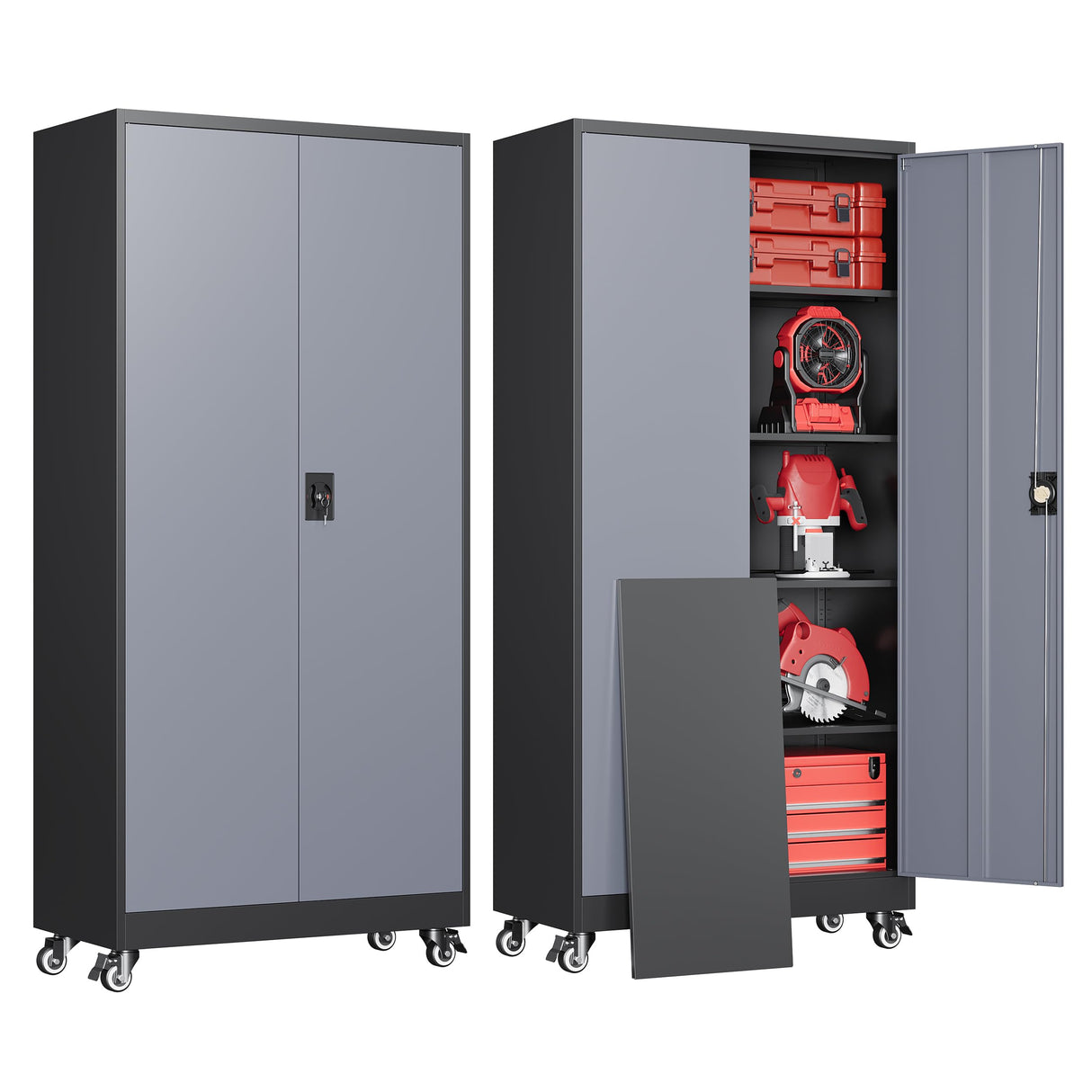 AFAIF Metal Garage Cabinets with Wheels, Heavy Duty Rolling Storage Cabinet with Lock, Storage Caninet with 2 Doors and 4 Shelves, Tall Tool Cabnet on Wheels for Workshop/Home/Office-(Black Gray 75”H) AFAIF