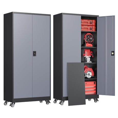 AFAIF Metal Garage Cabinets with Wheels, Heavy Duty Rolling Storage Cabinet with Lock, Storage Caninet with 2 Doors and 4 Shelves, Tall Tool Cabnet on Wheels for Workshop/Home/Office-(Black Gray 75”H) AFAIF