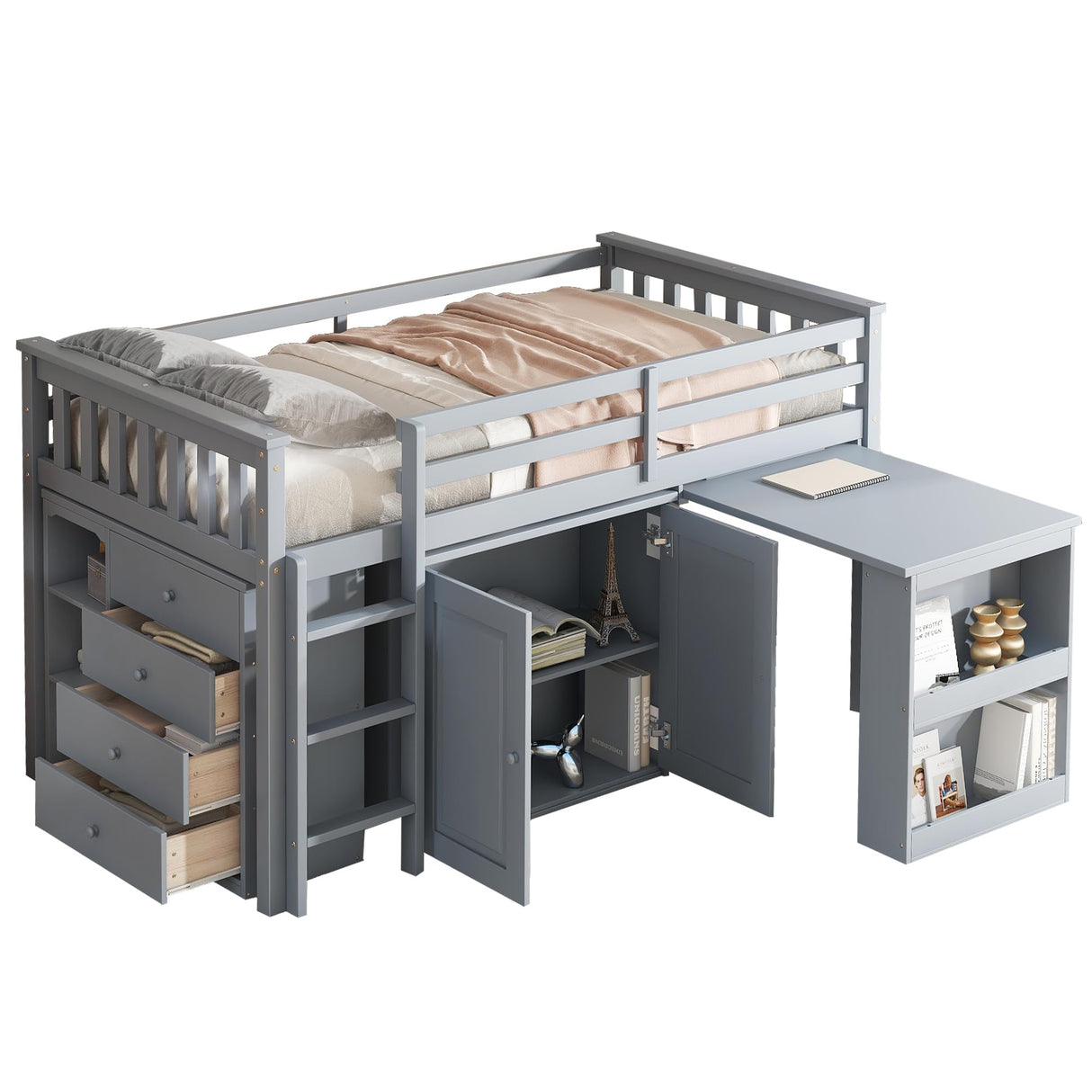 Low Loft Bed with Storage & Rolling Out Desk, Kids Twin Size Loft Beds with Cabinet & Drawers, Rubber Wood Junior Lofts Bed with Dresser/Ladder/Guardrails for Boys Girls Teens, Gray Duxelifin