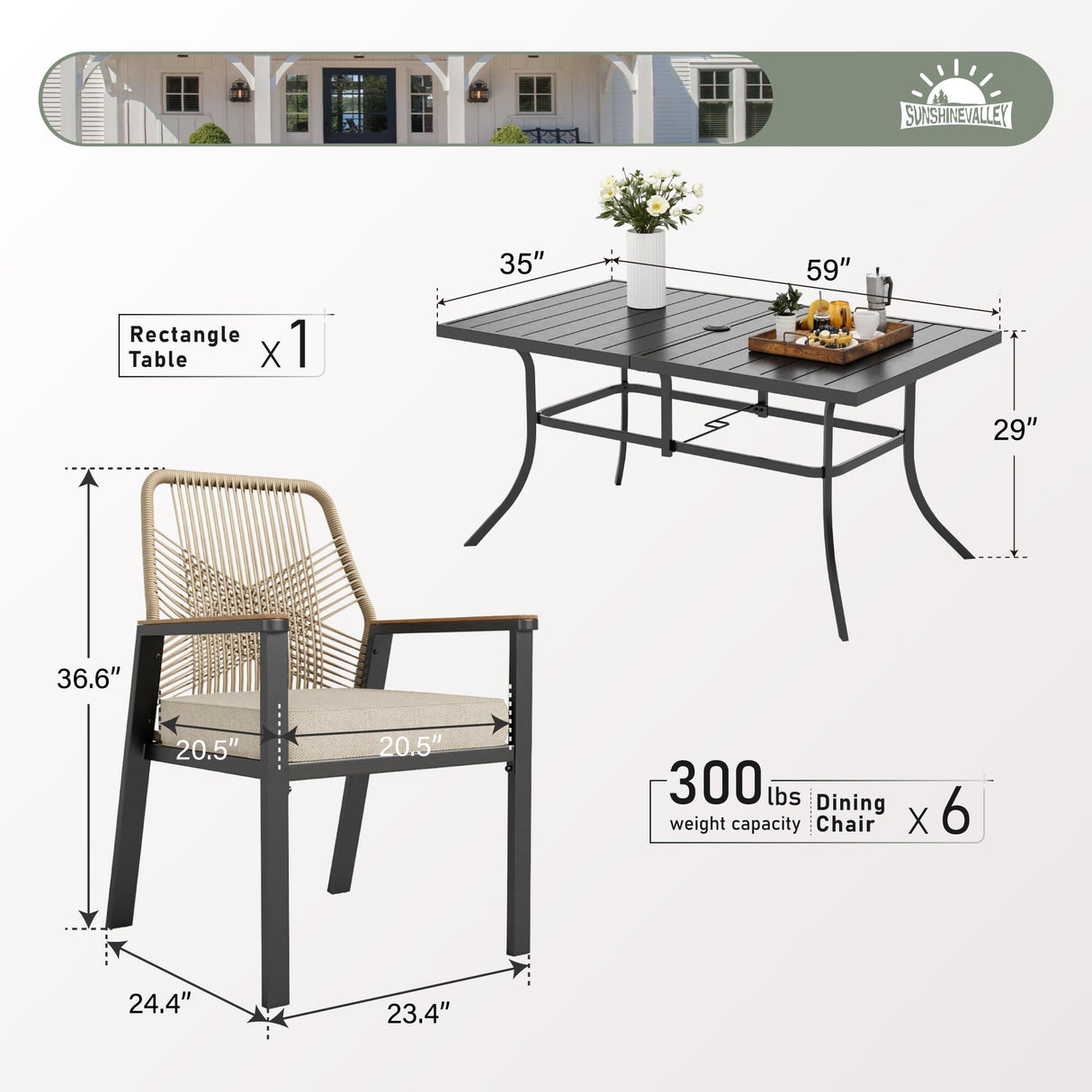 7 Pieces Patio Dining Set, 6 x Woven Rattan Chairs with Waterproof Cushion, 59" Rectangular Metal Dining Table with Umbrella Hole, Outdoor Table and Chairs Set for Backyard Lawn and Deck, Beige SUNSHINE VALLEY