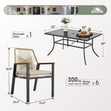 7 Pieces Patio Dining Set, 6 x Woven Rattan Chairs with Waterproof Cushion, 59" Rectangular Metal Dining Table with Umbrella Hole, Outdoor Table and Chairs Set for Backyard Lawn and Deck, Beige SUNSHINE VALLEY