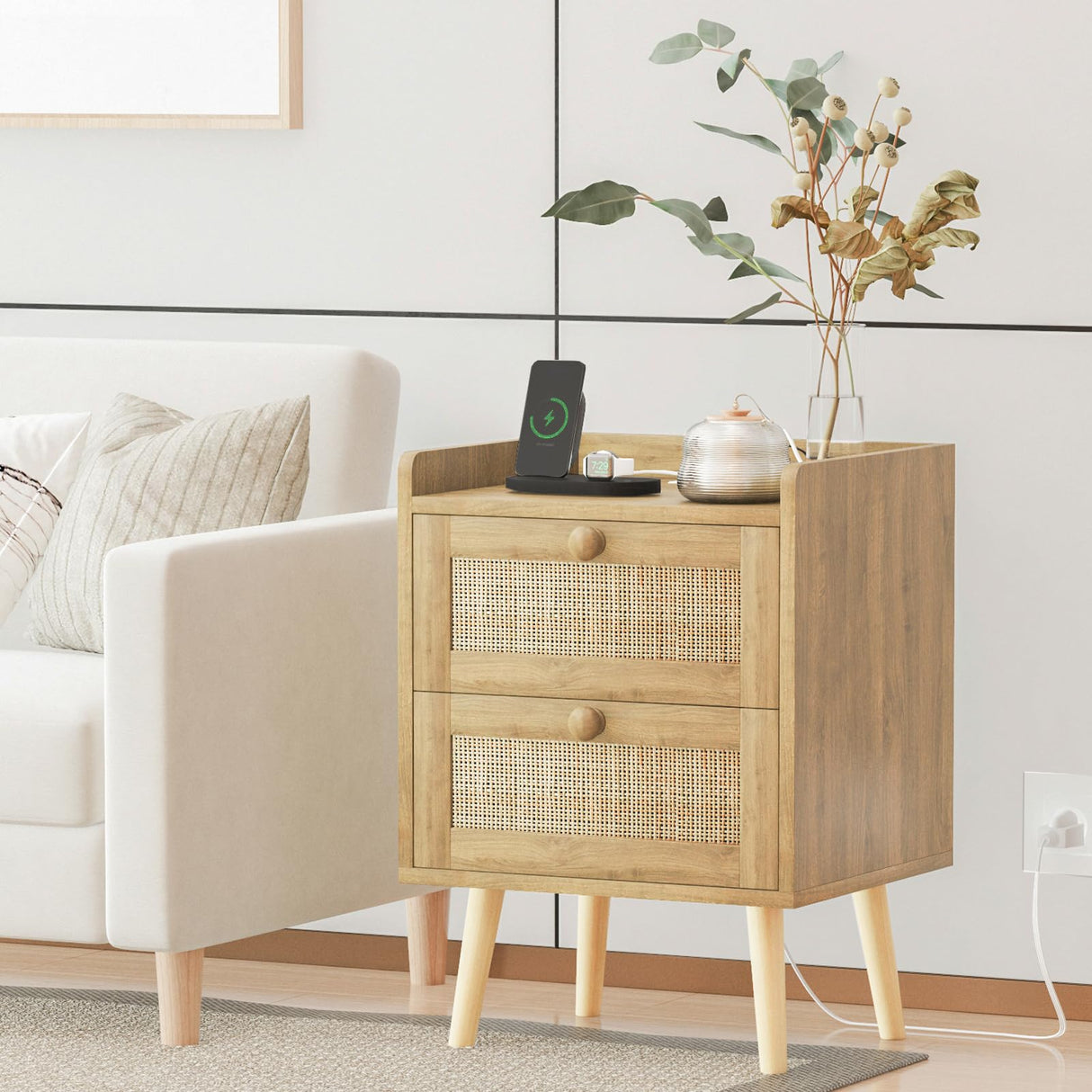 HUANLEGO Rattan Nightstand with Charging Station Set of 2, Rattan Boho End Table with 2 Drawers Bedroom Bedside Side Tables Natural Night Stand for Living Room,Bedroom,Dorm Room Essentials HUANLEGO