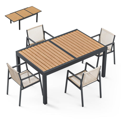 ZANDOR Expandable Outdoor Dining Set for 4-6-8,Patio Table and Chairs Set with Wood Top for Garden,Backyard,Porch,55"-82.7" Extendable Aluminum Outdoor Table Set with 4 Chairs,Grey ZANDOR