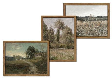 Hwetui Vintage Landscape Canvas Wall Art Framed Set of 3 Wildflower Field Poster Retro Rustic Farmhouse Prints Classical Nature Oil Painting Picture Home Decor for Living Room Bedroom Office 12x16in Hwetui