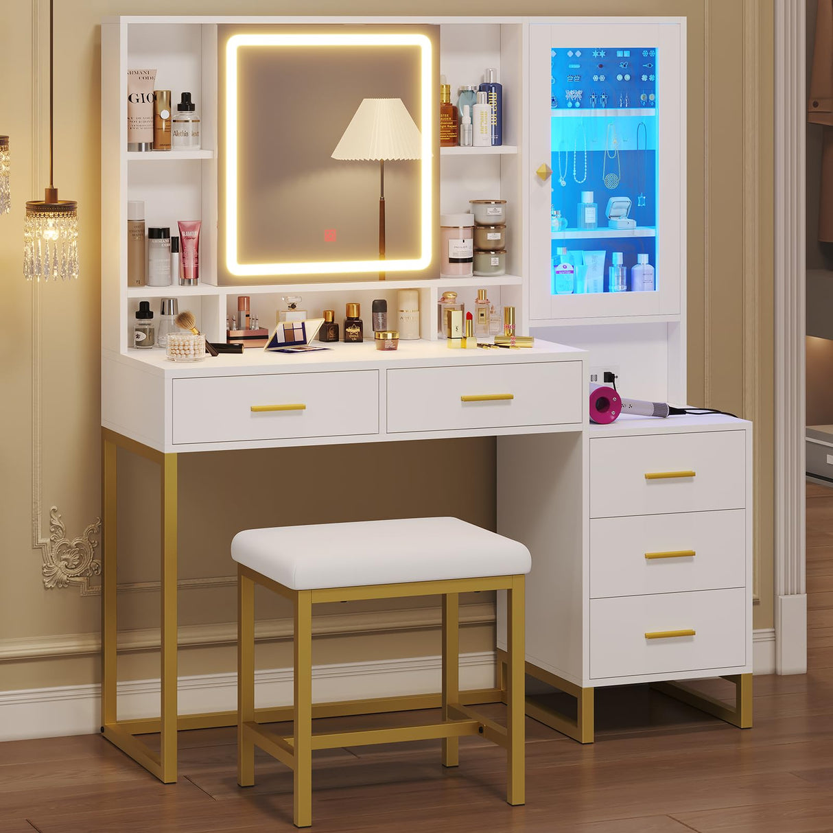 BTHFST Makeup Vanity with Upholstered Stool & Charging Station, Vanity Desk with Mirror and Lights, Vanity Table Set with Jewelry Storage & RGB Lights & 5 Drawers & Shelves, White & Gold BTHFST