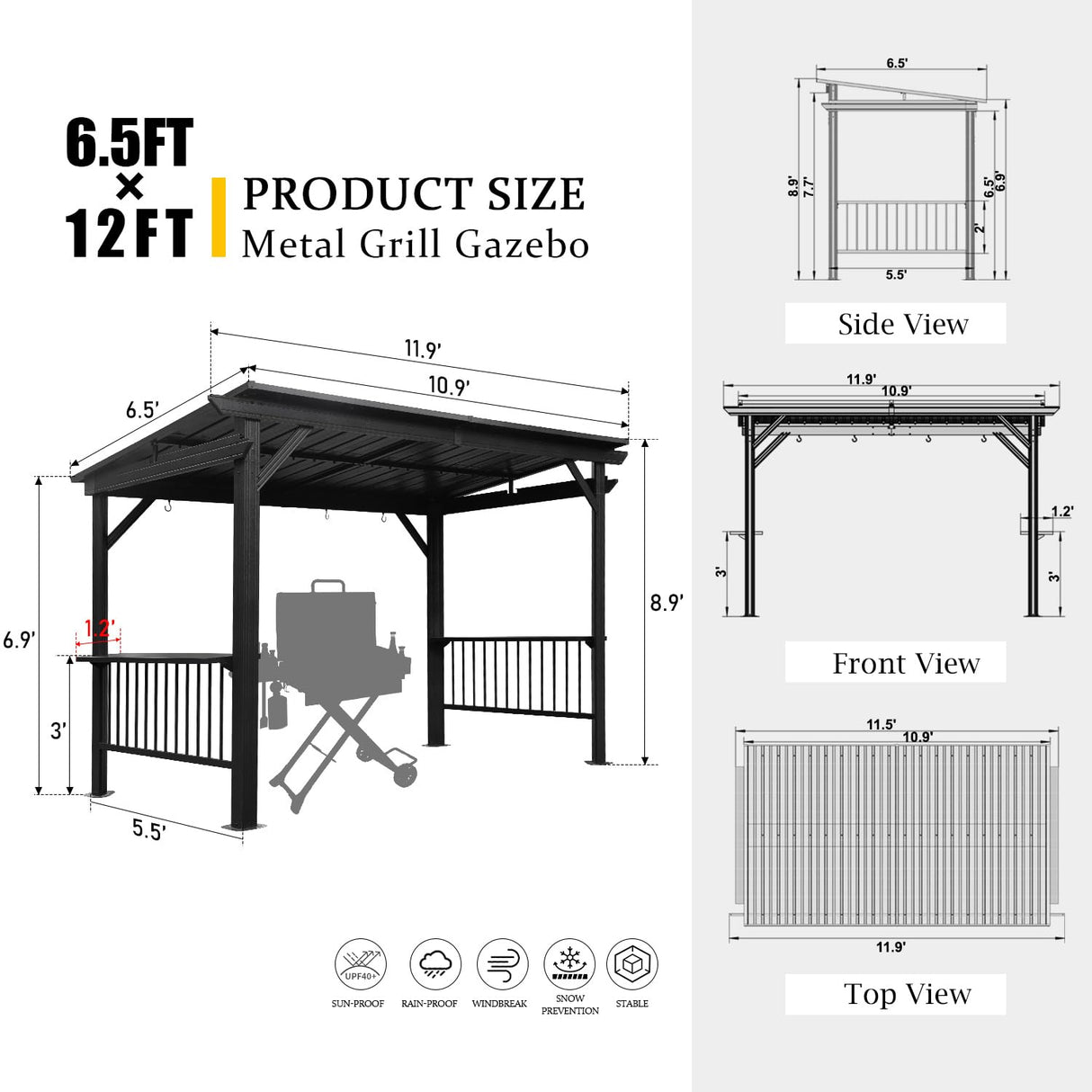 Domi 6.5x12FT Hardtop Grill Gazebo, Outdoor BBQ Gazebo with Galvanized Steel Sloping Roof, Metal Permanent Sun Shade Grill Canopy Shelter with 2 Side Shelves and Ceiling Hooks for Patio Yard, Gray domi outdoor living