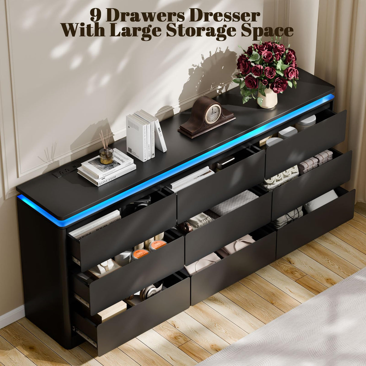 9 Drawer Dresser for Bedroom, 63" Long Black Chest of Drawers with Charging Station & LED Lights, Curved Anti-Collision Design,Wooden Closet Storage Cabinet,Modern Dresser TV Stand with Deep Drawers Gyfimoie